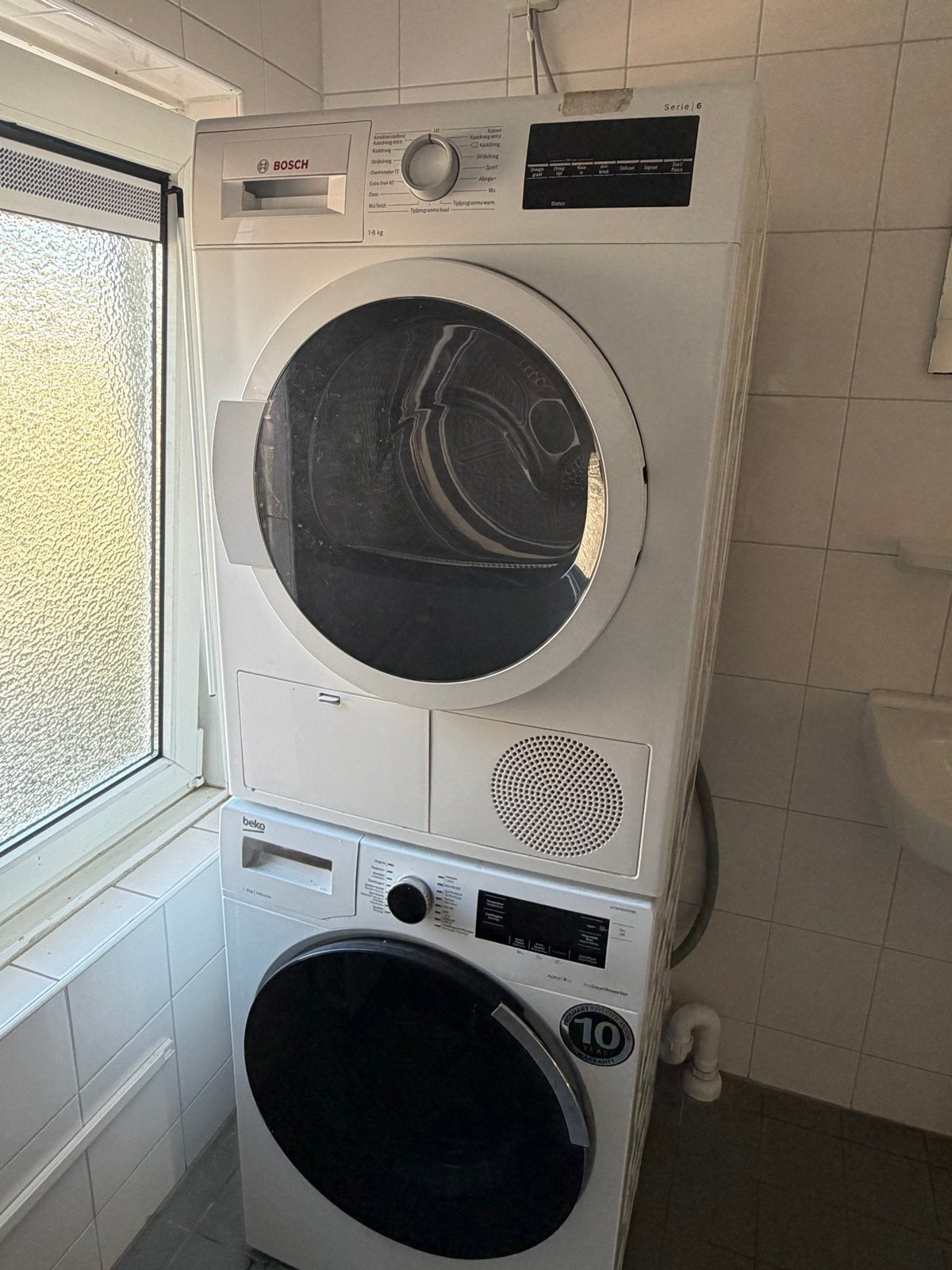 Bosch Serie 6 Droger en Beko Wasmachine, Witgoed en Apparatuur, Wasmachines, Ophalen, Gebruikt, Voorlader, 85 tot 90 cm