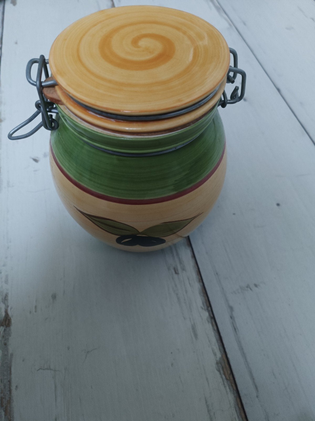 Decoratieve voorraadpot met olijfmotief, Beige, Gebruikt, Ophalen of Verzenden, Voorraadpot
