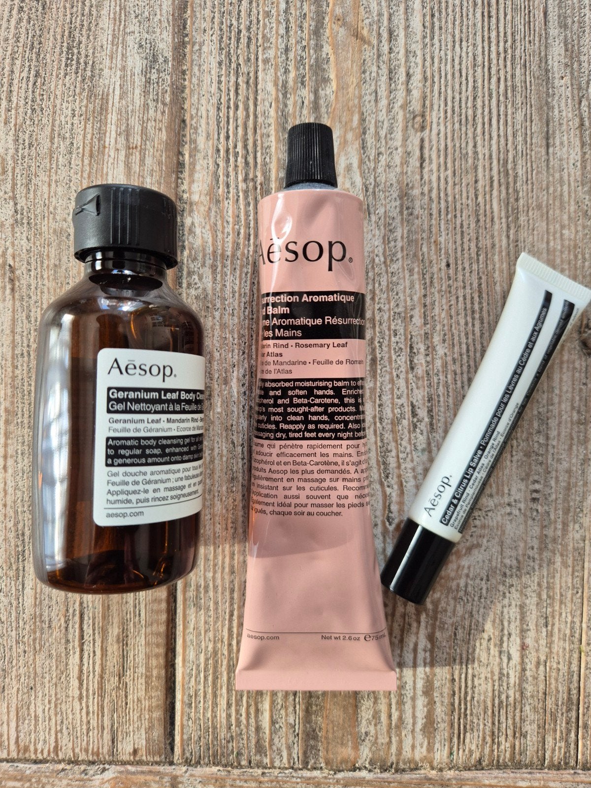 Mooie Aēsop set: Handbalsem, Leaf Body Cleanser & Lipbalsem, Ophalen of Verzenden, Zo goed als nieuw, Overige typen