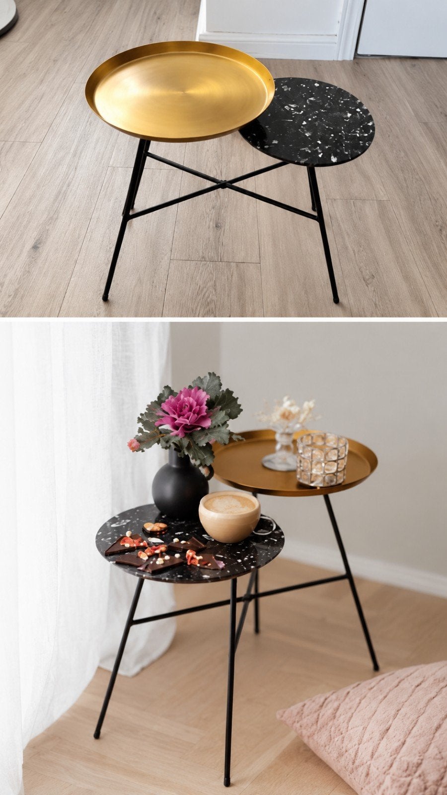 White Label Indy bijzettafel – zwart/goud, Ophalen, Minder dan 45 cm, Metaal of Aluminium, Rond