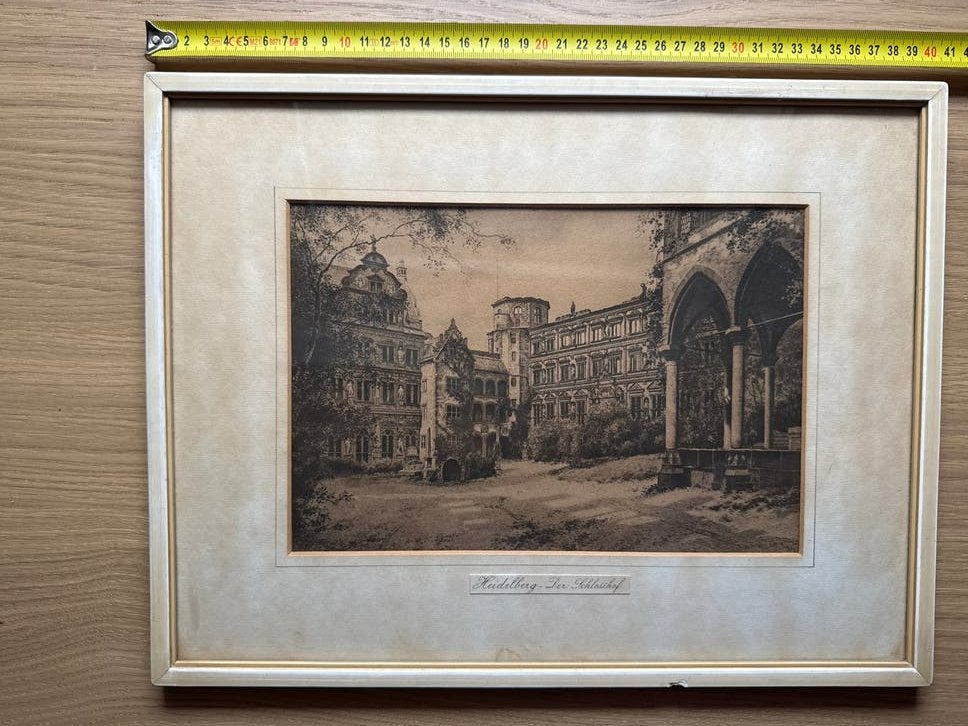 Heidelberg Der Schlosshof - Oude tekening/prent, Antiek en Kunst, Kunst | Etsen en Gravures, Overige technieken, Architectuur