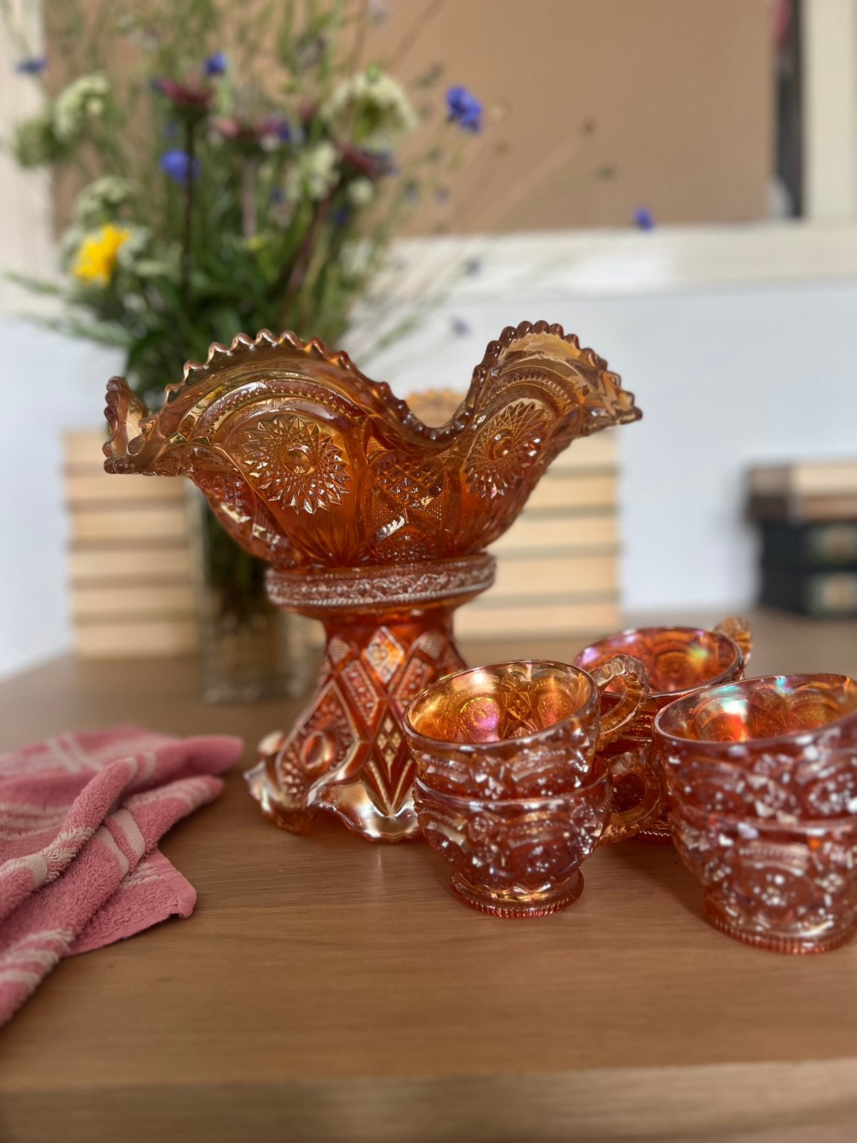 Antieke Carnival Glass Punchset Imperial Marigold 8dlgs, Antiek en Kunst, Antiek | Glas en Kristal, Ophalen