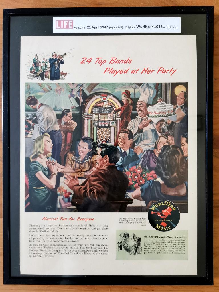 Originele Wurlitzer 1015 advertentie - 21 april 1947, Verzamelen, Automaten | Jukeboxen, Ophalen of Verzenden, Zo goed als nieuw