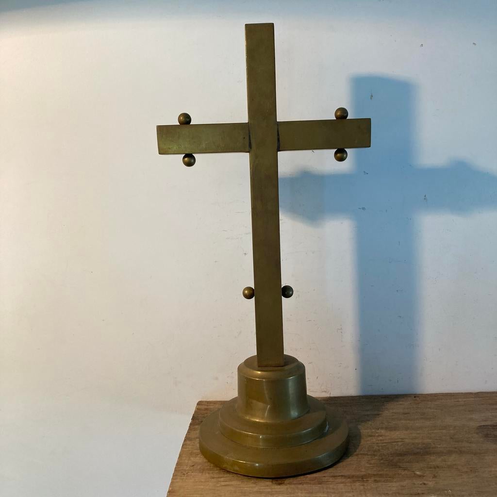 Antiek koperen kruis, 38cm hoog, Antiek en Kunst, Ophalen of Verzenden