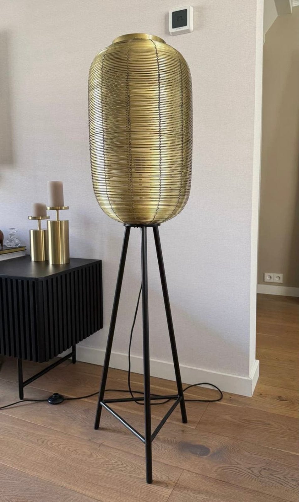 Light & Living Tomek vloer lamp gevlochten antiek brons goud, Ophalen, Zo goed als nieuw, Metaal, 150 tot 200 cm