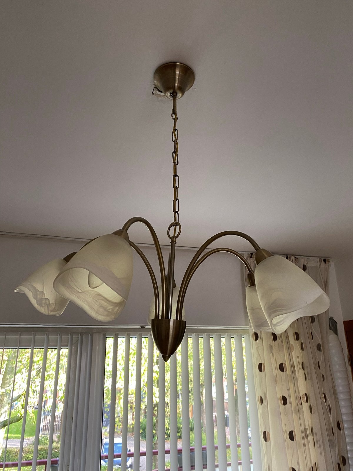 Klassieke hanglamp met 5 glazen kappen, Ophalen, Gebruikt, Glas, E14 (klein)
