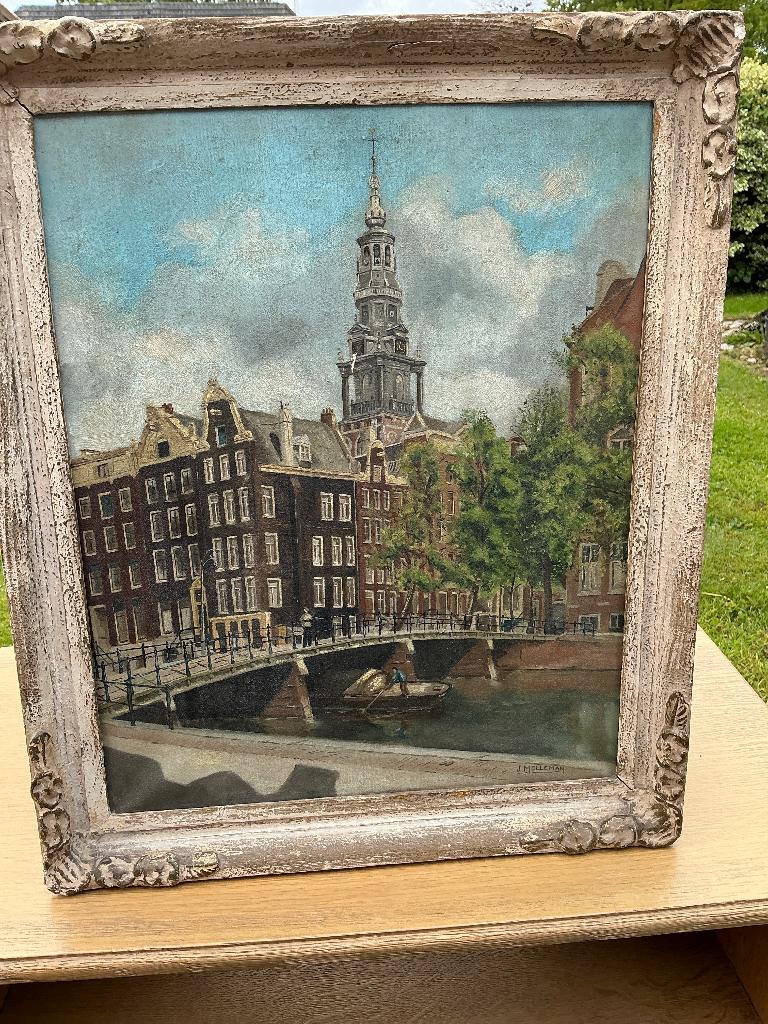 Schilderij Amsterdam (J.Molleman), Antiek en Kunst, Kunst | Schilderijen | Klassiek, Ophalen