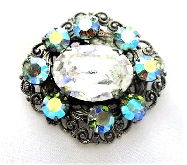 Oude Tsjechische filigrain broche hanger Aurora Borealis, Ophalen, Zo goed als nieuw, Zilver, Overige materialen