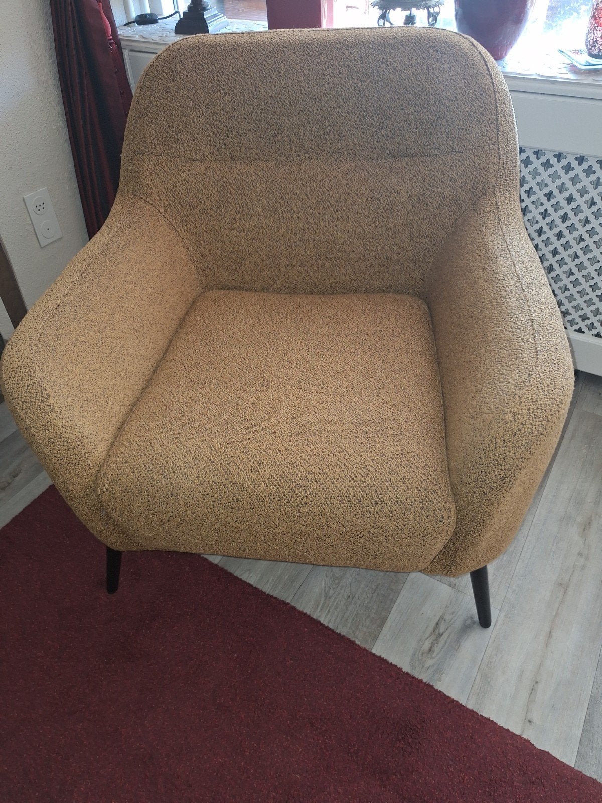 Twee fauteuils (okergeel gemêleerd) op zwarte poten., Ophalen, Minder dan 75 cm, Zo goed als nieuw, Stof