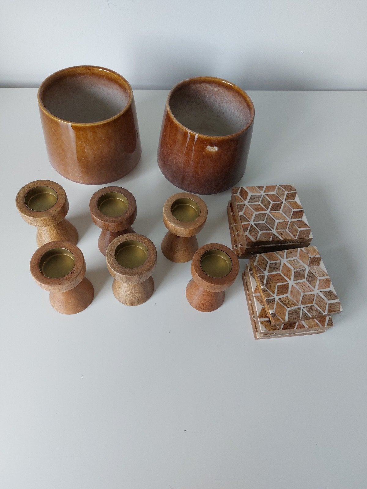 Mooie set woonaccessoires bruin, Ophalen, Bruin, Waxinelichthouder, Zo goed als nieuw
