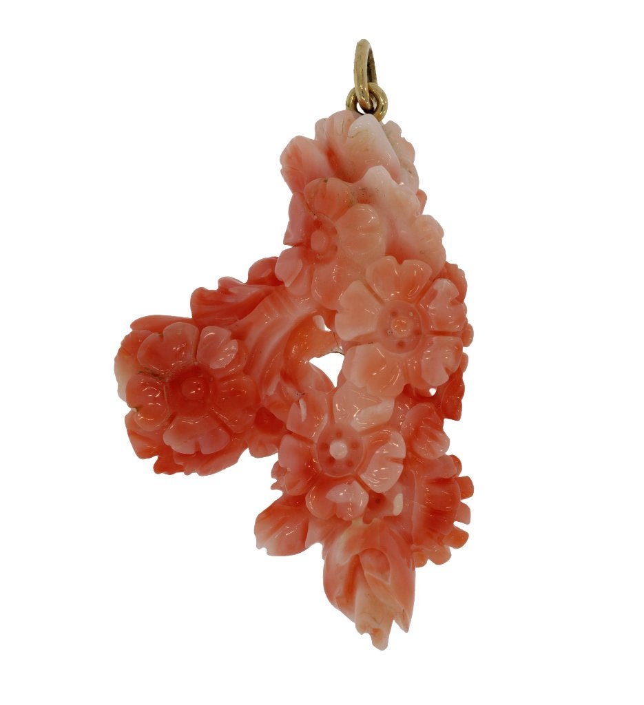 Grote koraal bloem roos 14k gouden ketting hanger antiek, Verzenden, Goud, Hanger, Met edelsteen
