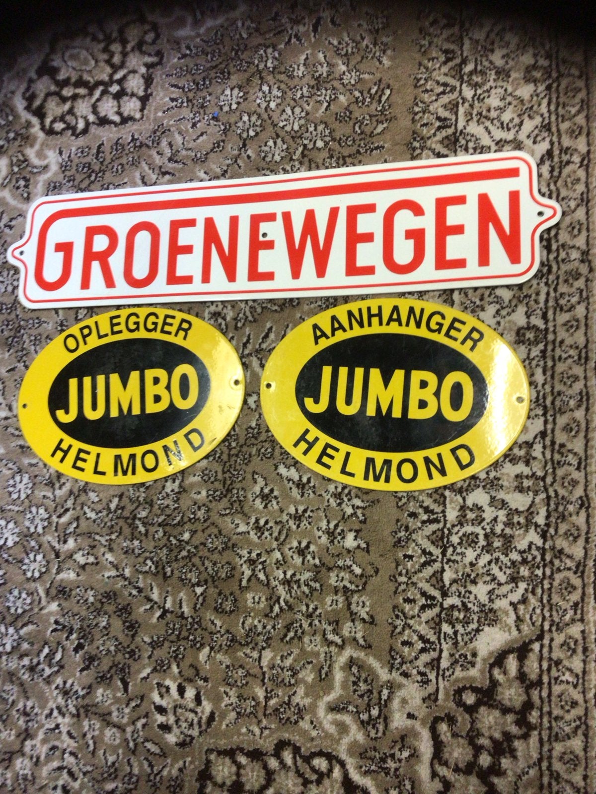 3 vintage borden: Groenewegen en Jumbo Helmond, Ophalen of Verzenden, Zo goed als nieuw, Reclamebord