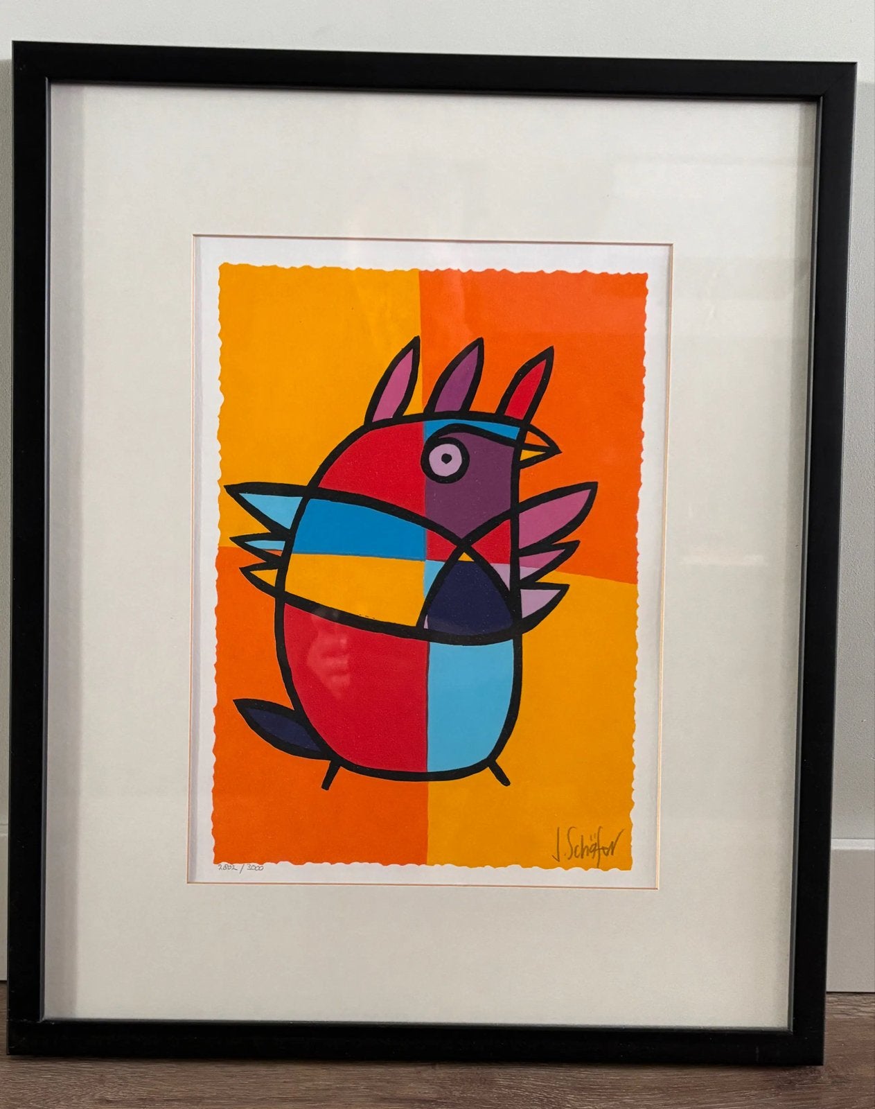 Jacqueline Schäfer - Vreemde vogel - Ingelijste zeefdruk, Antiek en Kunst, Gelimiteerde oplage, Ophalen, Dieren en Natuur, Zeefdruk
