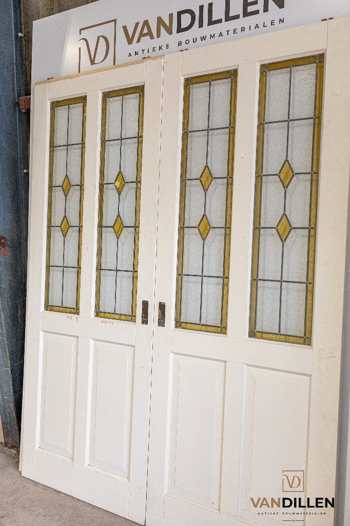 Oude robuuste ensuite schuifdeuren met glas in lood, Gebruikt, 120 cm of meer, Binnendeur, Ophalen of Verzenden