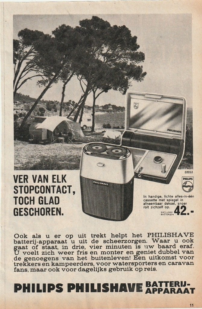Retro reclame 1963 Philips philishave bij de tent camping, Verzenden, Overige typen