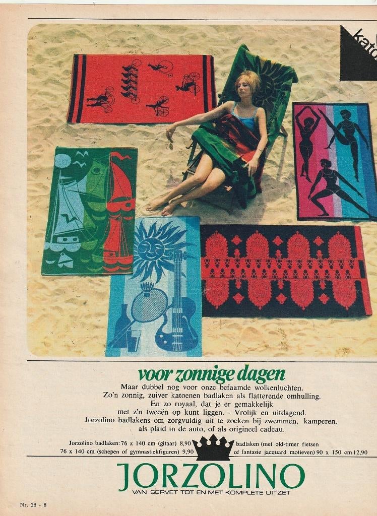 retro reclame 1966 Jorzolino handdoeken op het strand, Verzamelen, Verzenden, Overige typen