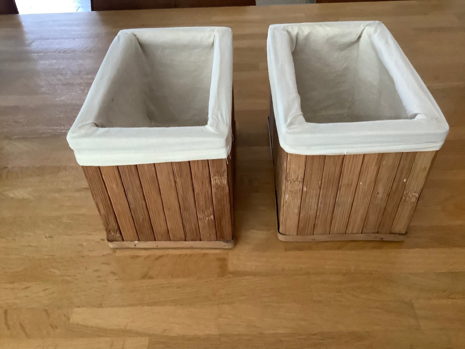 Set van 2 bamboe opbergmanden met linnen voering, Ophalen of Verzenden, Zo goed als nieuw, Rechthoekig, Hout