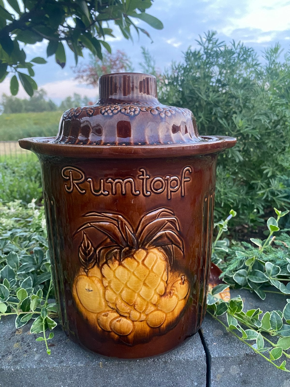 Vintage Rumtopf van W-Germany, bruin keramiek met fruit, Antiek en Kunst, Ophalen