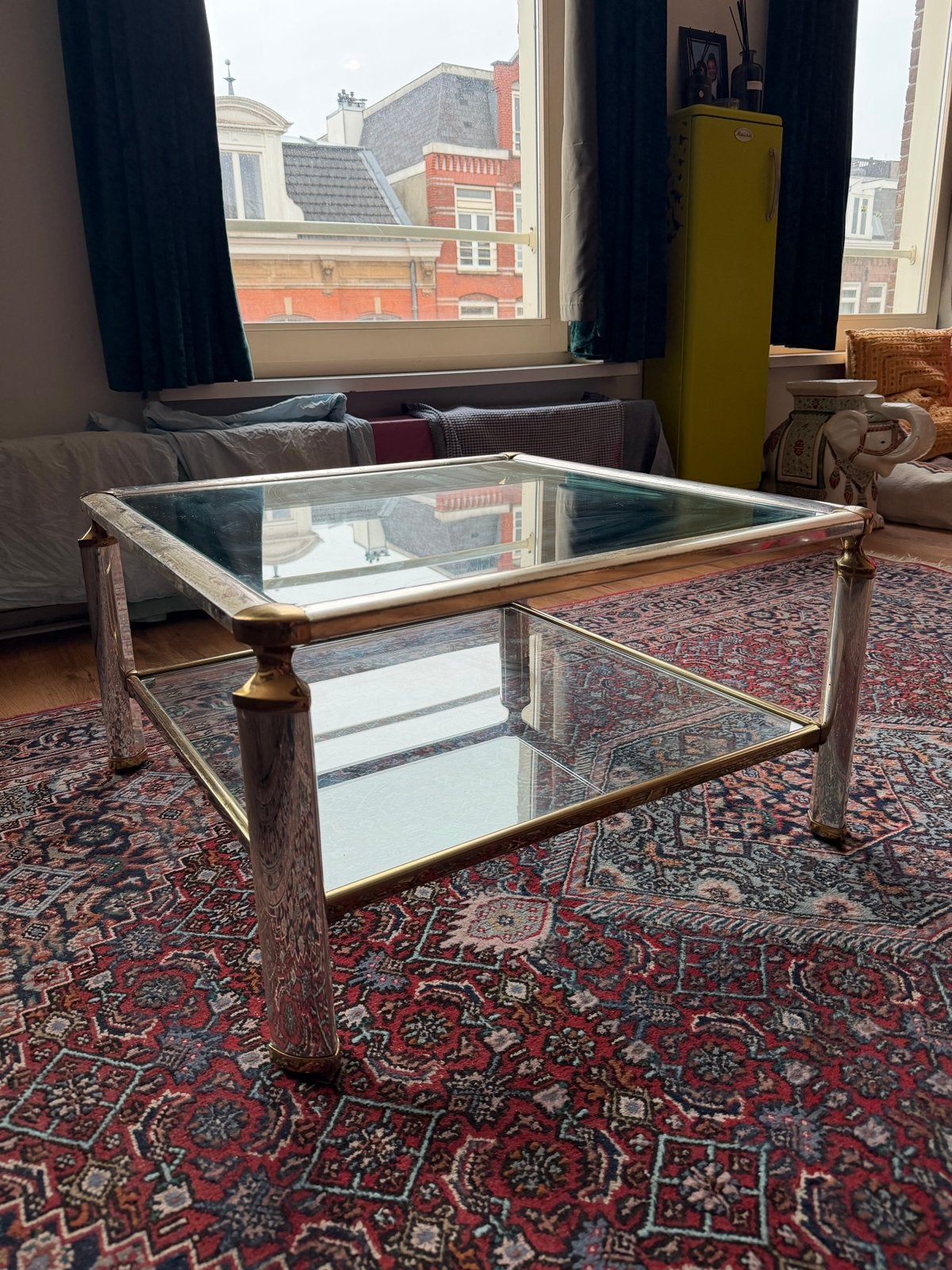 Glazen salontafel met gouden en zilveren accenten, Ophalen, Gebruikt, Vierkant, 50 tot 100 cm