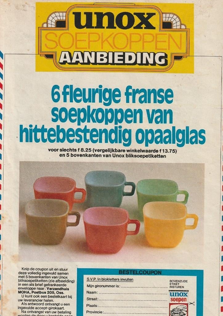 Retro reclame 1974 Unox actie soepkom bakje schaaltje, Verzenden, Overige typen