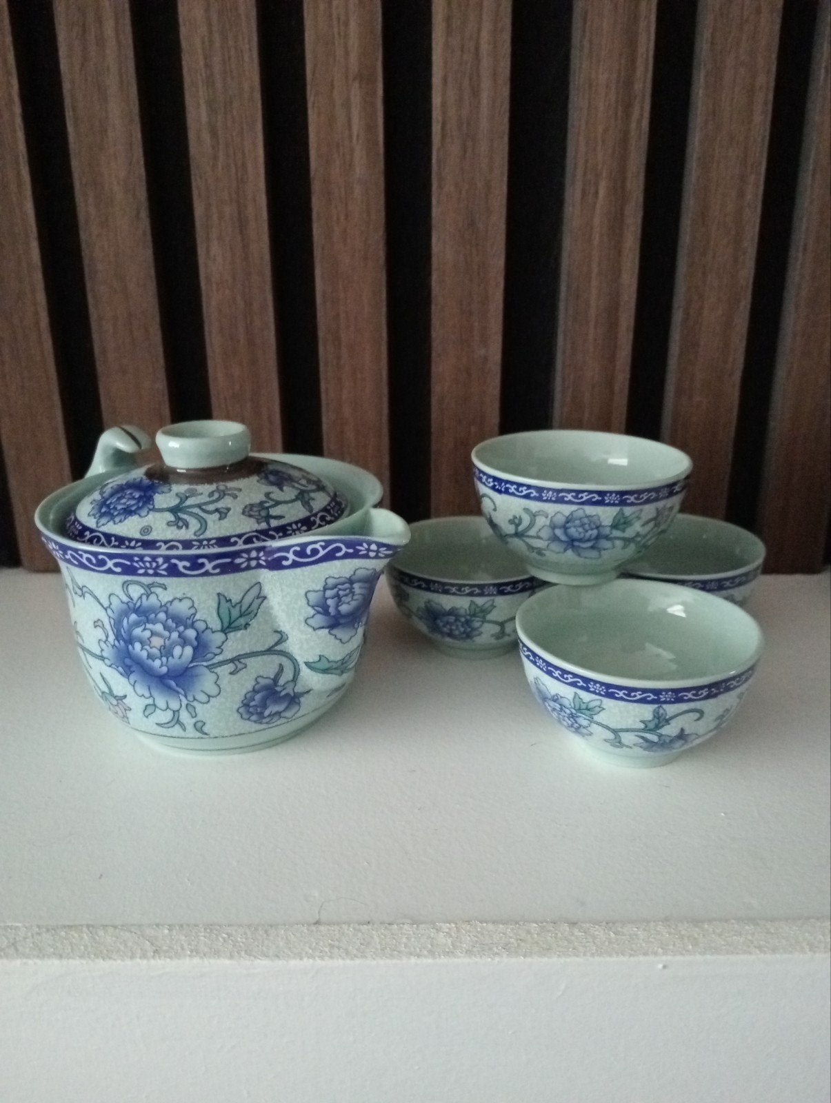 Vintage Chinees theeservies met blauw-wit bloemmotief, Antiek en Kunst, Ophalen of Verzenden