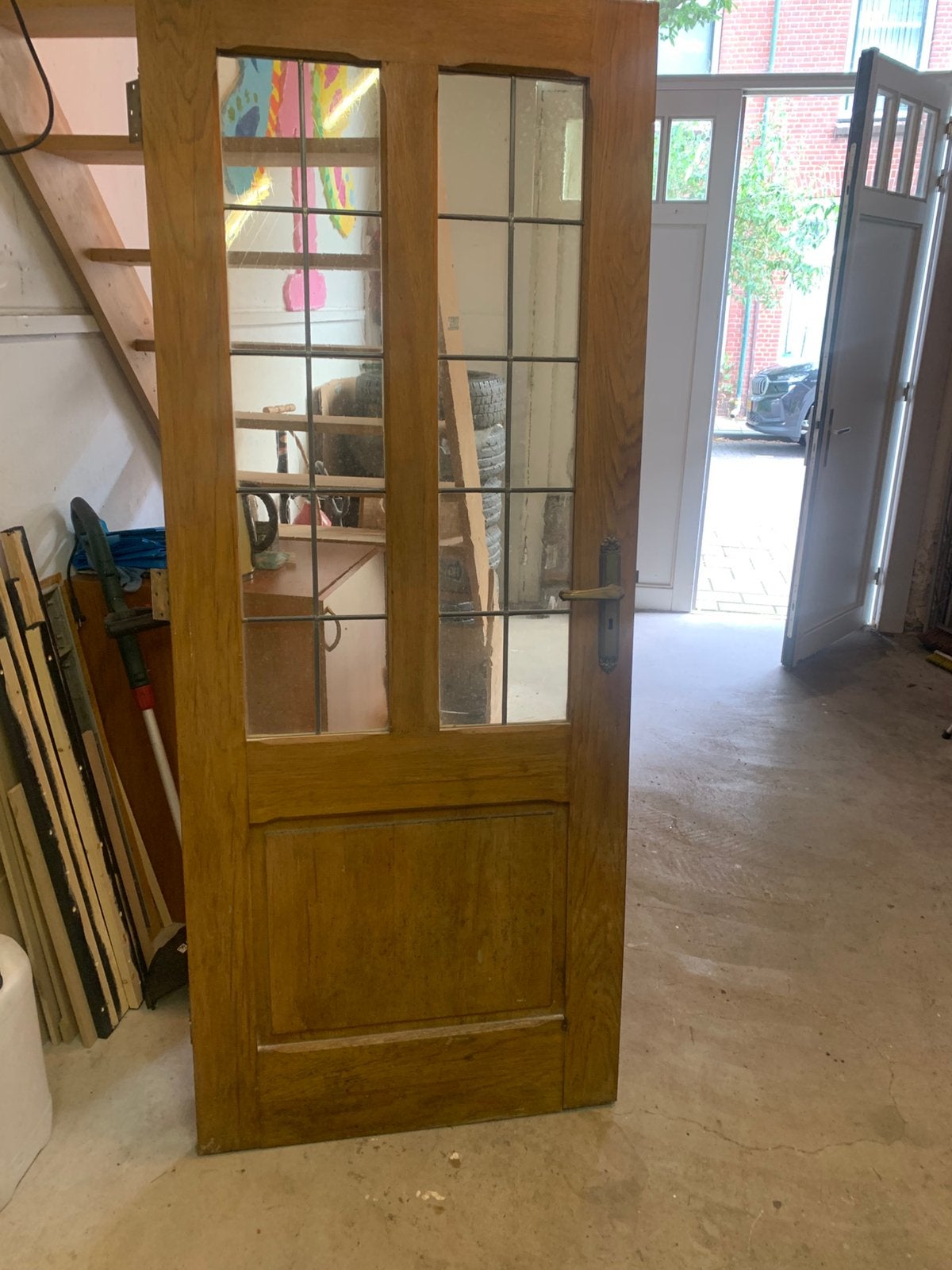 Massief eiken deur met glas in lood, Gebruikt, 80 tot 100 cm, Binnendeur, Ophalen of Verzenden