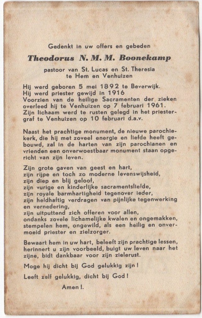 pastoor Theodorus Boonekamp 1892 Beverwijk + 1961 Venhuizen, Verzenden