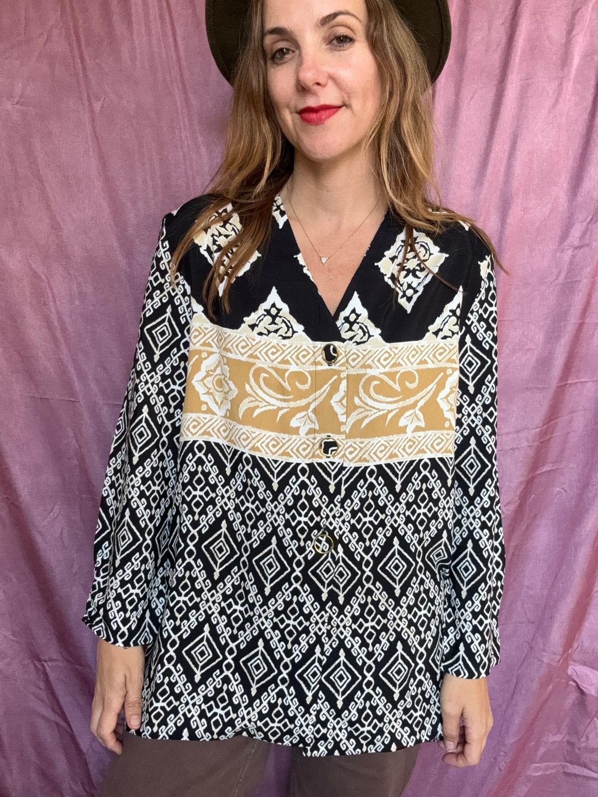 Vintage blouse, maat (14) 40/L - zwart & wit - patroon - 90, ., Zwart, Ophalen of Verzenden, Zo goed als nieuw