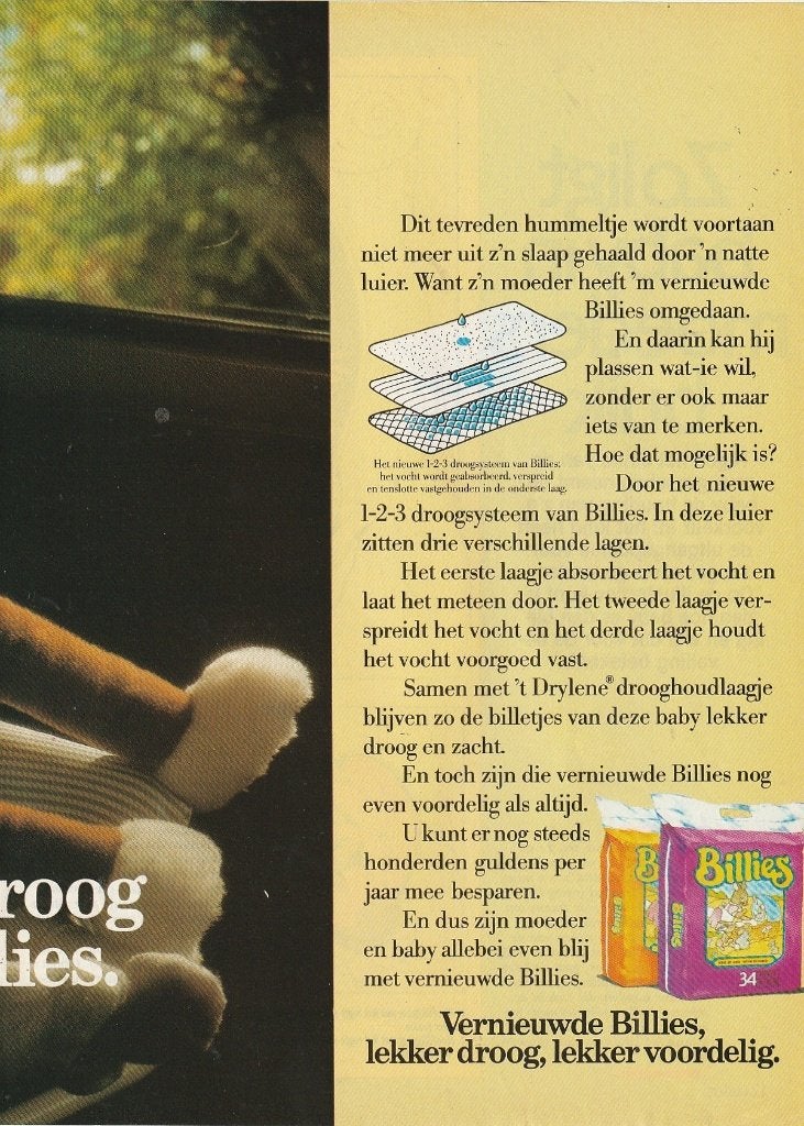 Retro reclame 1985 Billies baby luiers kindje autostoeltje, Verzenden, Overige typen