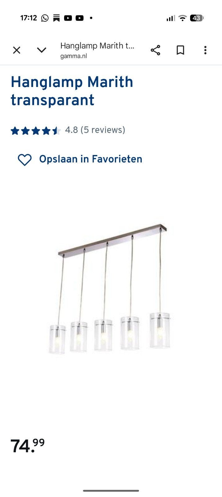 Hanglamp Marith transparant met 5 E14 fittingen, Huis en Inrichting, Ophalen, Gebruikt, E14 (klein), Glas