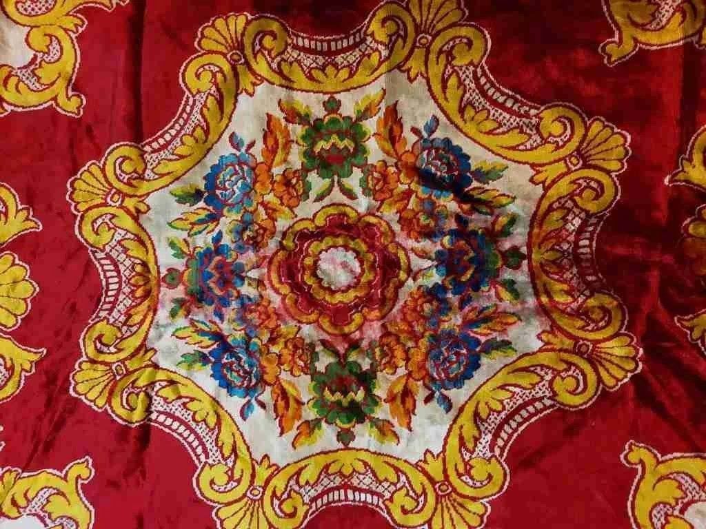 Retro chique velvet grandfoulard rood geel 240/205, Rood, Gebruikt, Djt@dejuistetoon.eu, Ophalen of Verzenden