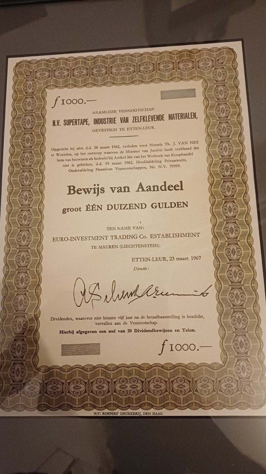 Bewijs van Aandeel N.V. Supertape Etten-Leur, 1967, Ophalen of Verzenden