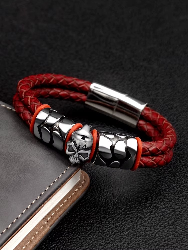 Rode Leren Doodskop Armband, Verzenden, Nieuw, Rood, Leer
