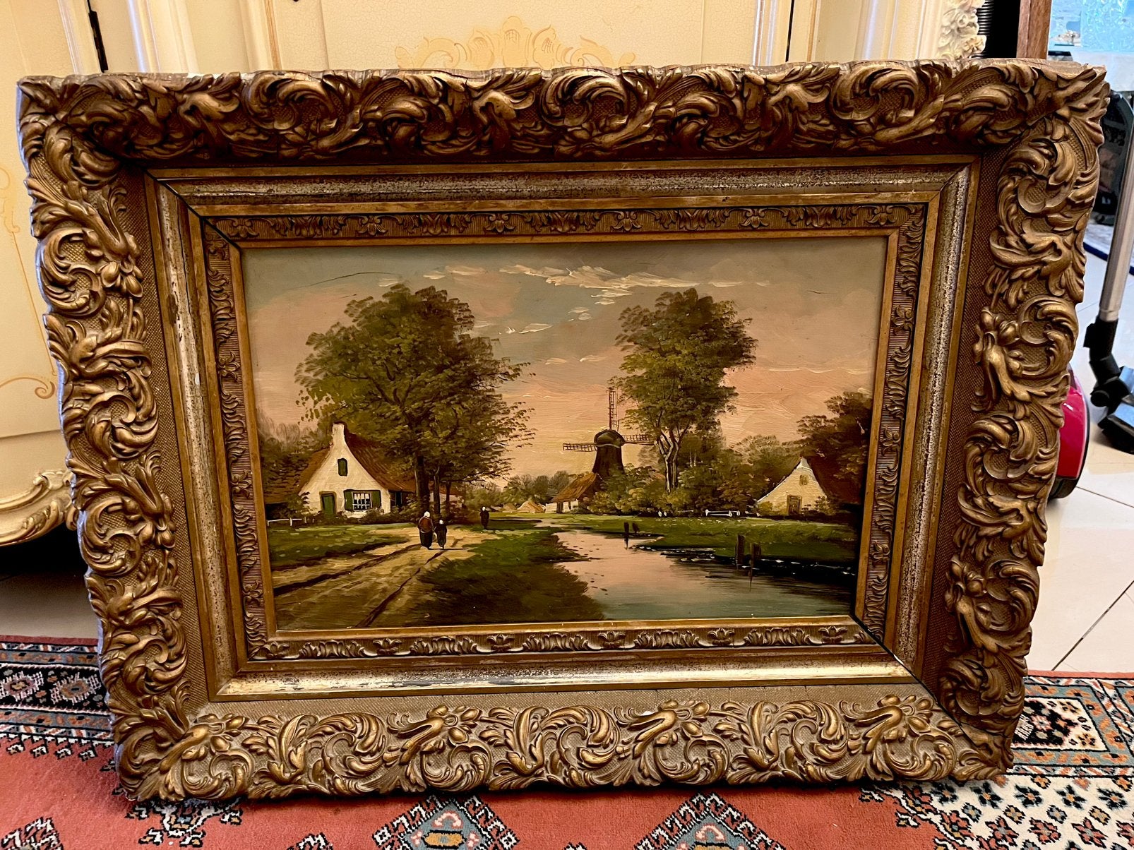 19 eeuws olieverf dorpsgezicht schilderij, Antiek en Kunst, Ophalen