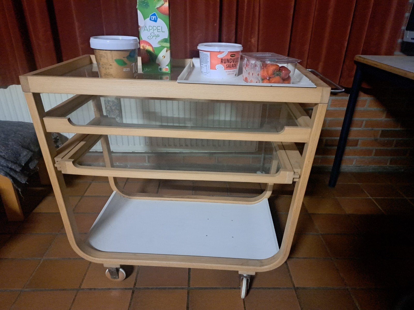 Super gave serveerwagen serveertrolley theewagen vintage, Ophalen, Glas, Gebruikt, 25 tot 50 cm