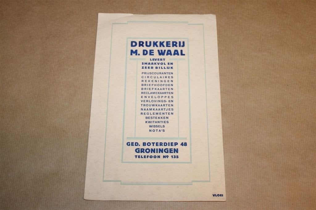 Oud vloeiblad - Drukkerij M. de Waal Groningen - 1940, Ophalen of Verzenden, Zo goed als nieuw, Overige typen