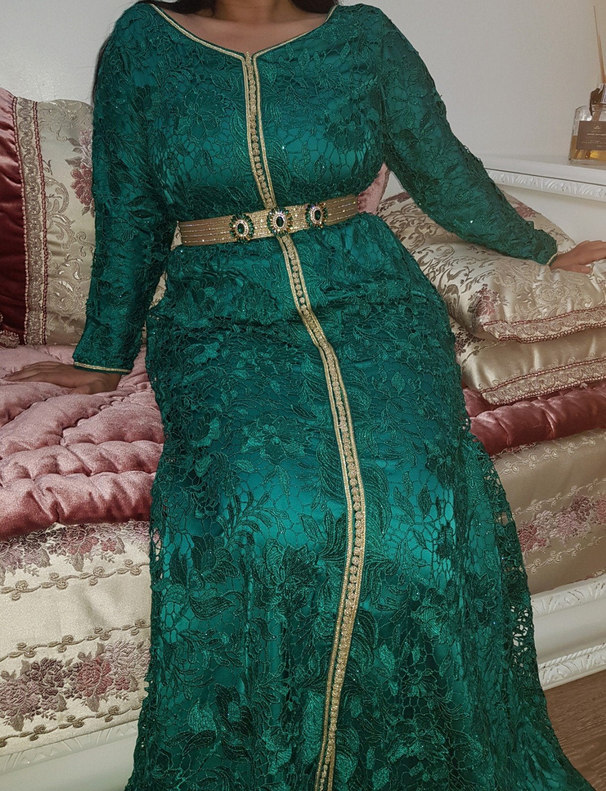 Mooi groen kaftan met goud te koop, Maat 38/40 (M), Overige typen, Ophalen of Verzenden, Zo goed als nieuw