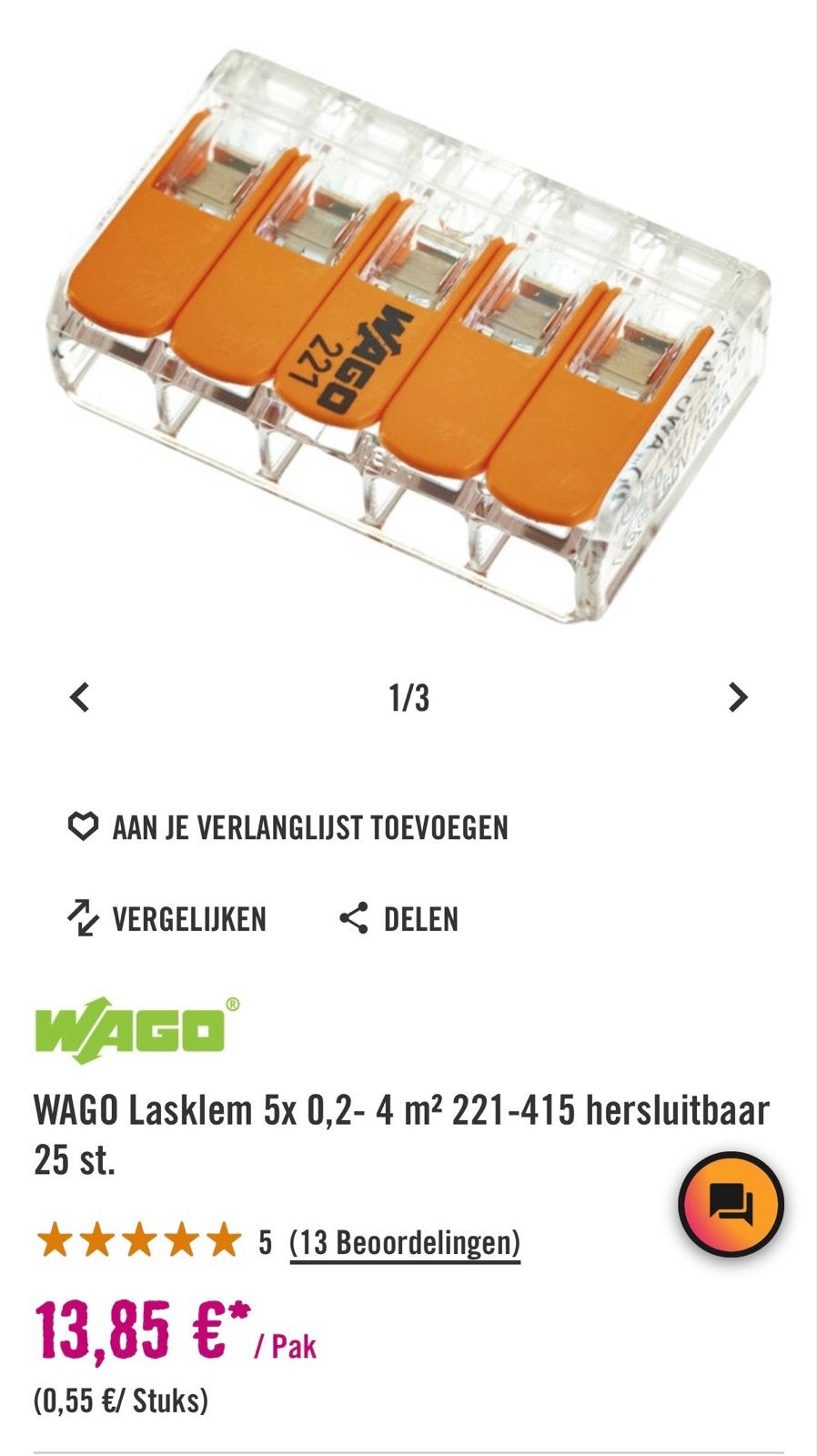 10 Nieuwe Doosjes WAGO Lasklemmen 221-415 (25 stuks per doos, Ophalen, Nieuw, Overige typen