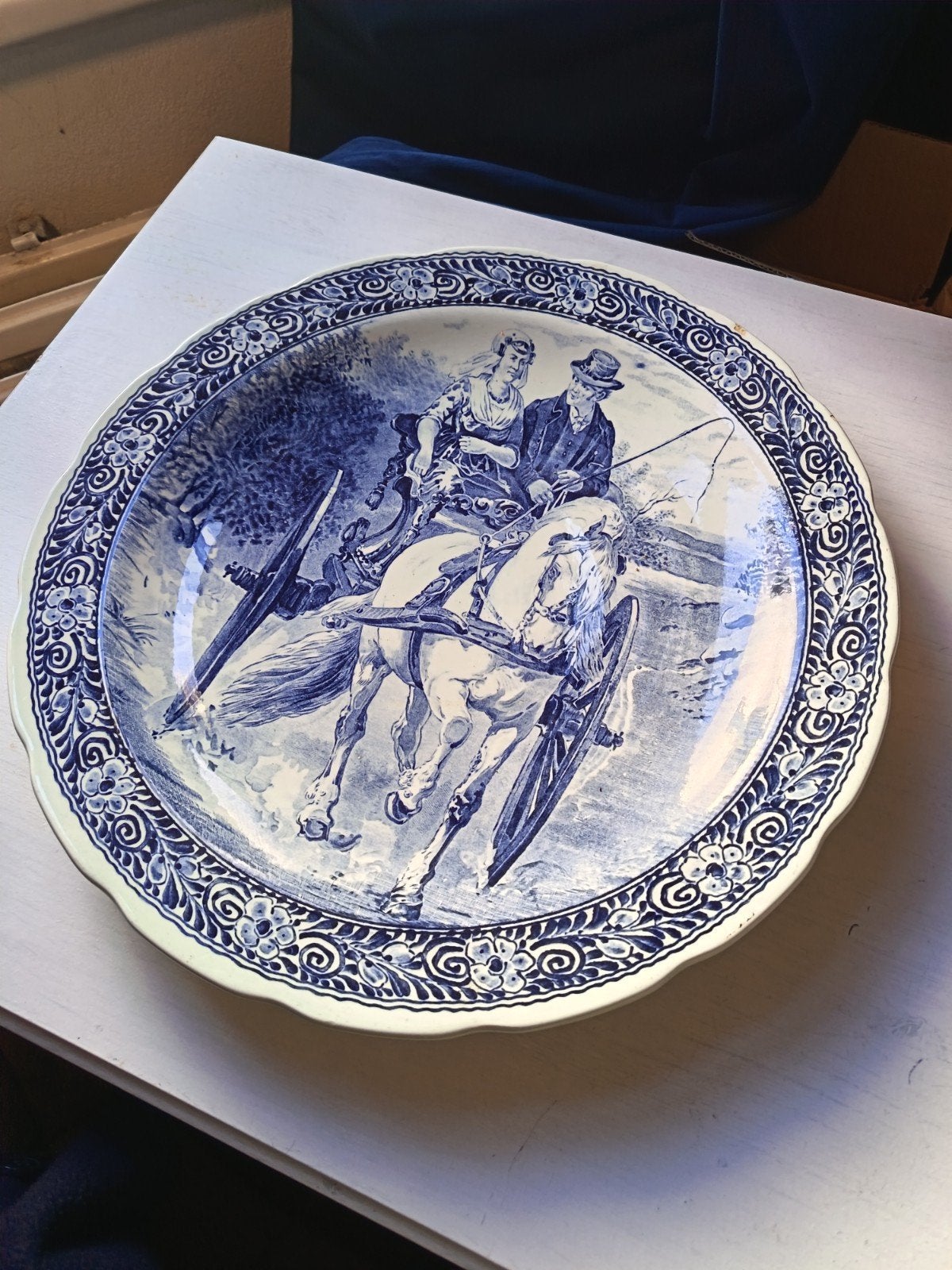 Antiek Delfts Blauw Boch wandbord - Koets met paard, Ophalen of Verzenden