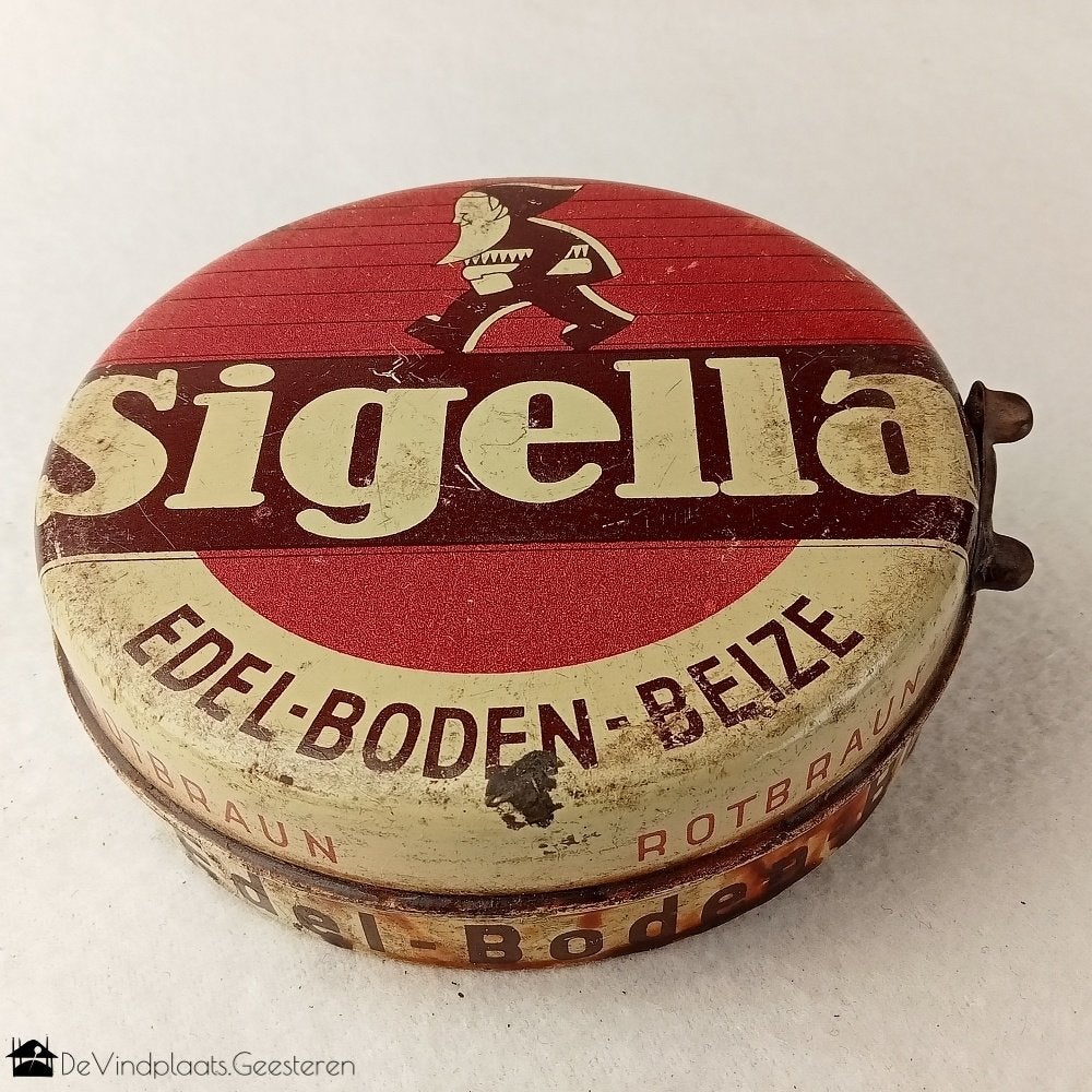 Oud blik met kabouter - Sigella Edel-Boden-Beize - vloerwas, Ophalen of Verzenden, Zo goed als nieuw, Overige, Overige merken