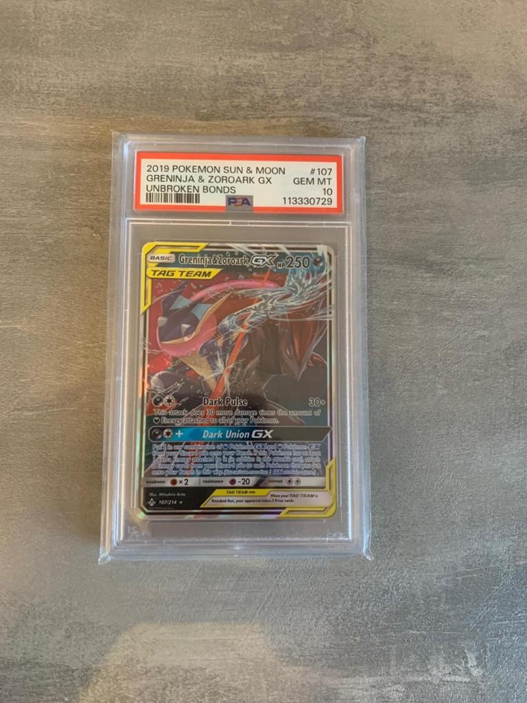 Greninja & Zoroark GX PSA 10 GEM MT - Pokémon Kaart, Ophalen of Verzenden, Nieuw, Losse kaart