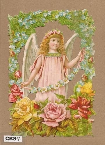 Engel achter bloemenboog met rozen poezieplaatjes 5109, Verzamelen, Ophalen of Verzenden