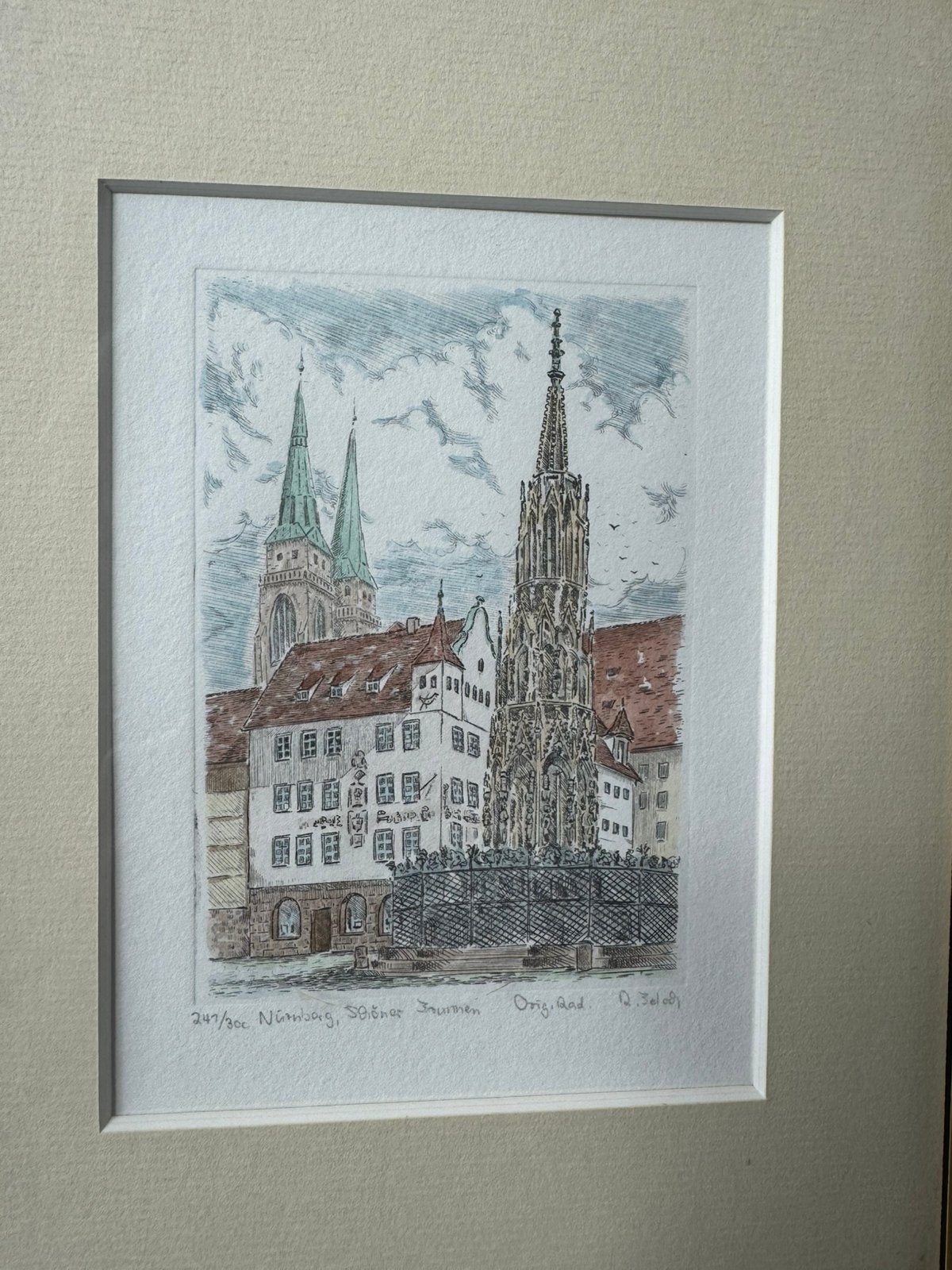 Ets, handgetekend, handgekleurd. Nürnberg, Stadsgezicht, 27 cm, Ophalen of Verzenden, Met monogram