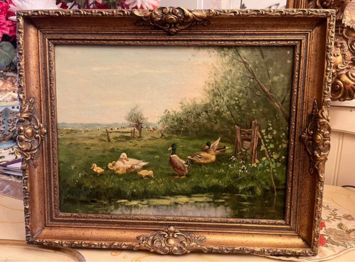Prachtige antiek olieverf rustende eenden familie, Antiek en Kunst, Ophalen