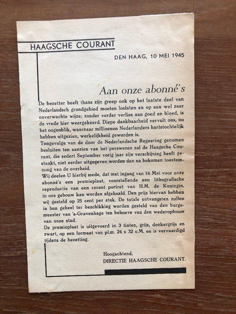 Bevrijding Den Haag. 10 Mei. Mededeling Haagsche Courant, Verzenden, Tweede Wereldoorlog, Zo goed als nieuw, Overige onderwerpen