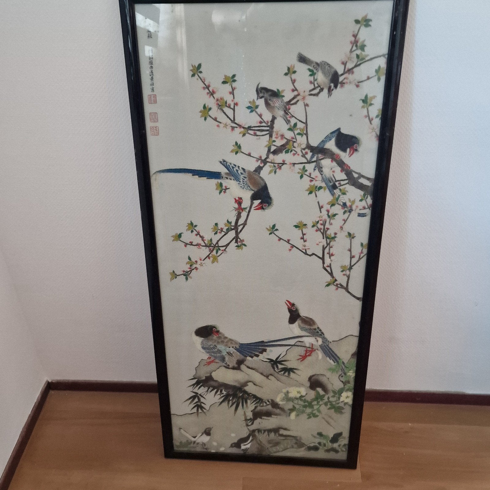 Oosterse kunst: Schilderij met vogels en bloesem, Ophalen