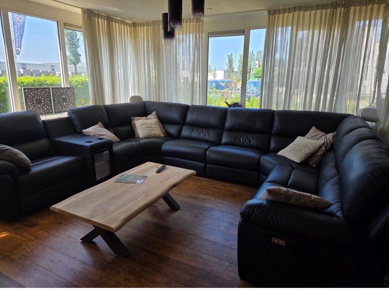 Luxe Zwarte Leren Hoekbank met Elektrische Relaxfuncties, Ophalen, Zo goed als nieuw, Leer