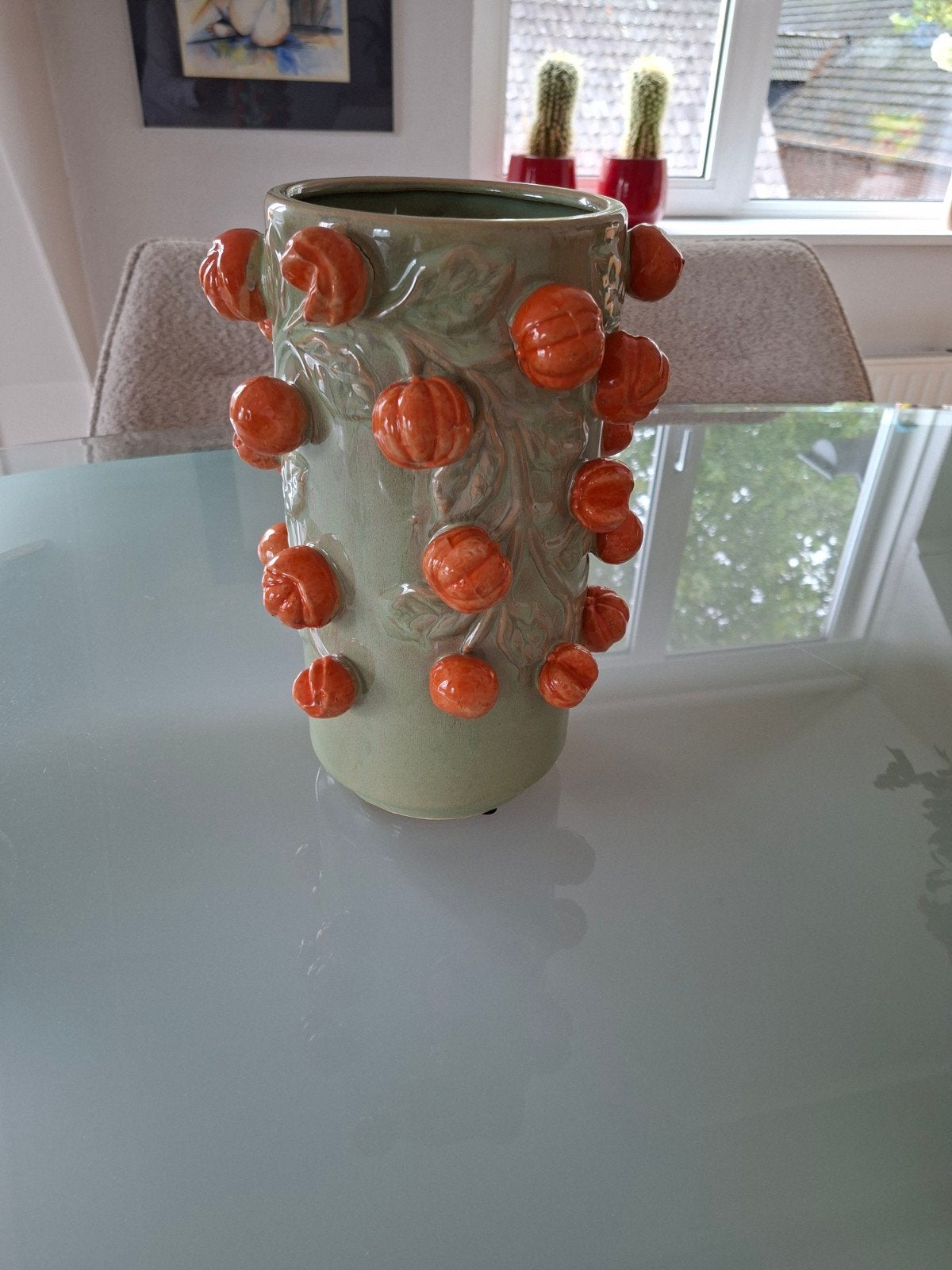 Unieke keramische vaas met oranje decoratie, Ophalen of Verzenden