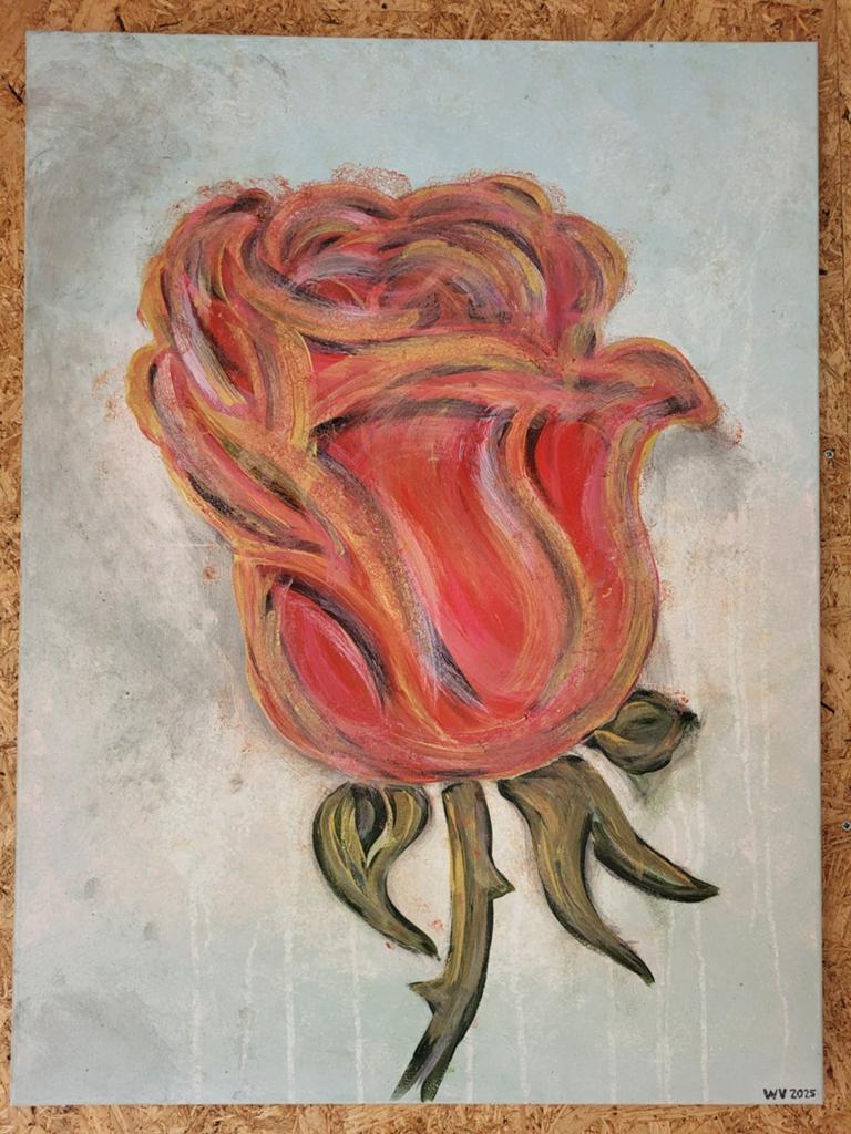 Schilderij 'Rode Roos' - Handgeschilderd Kunstwerk, Ophalen