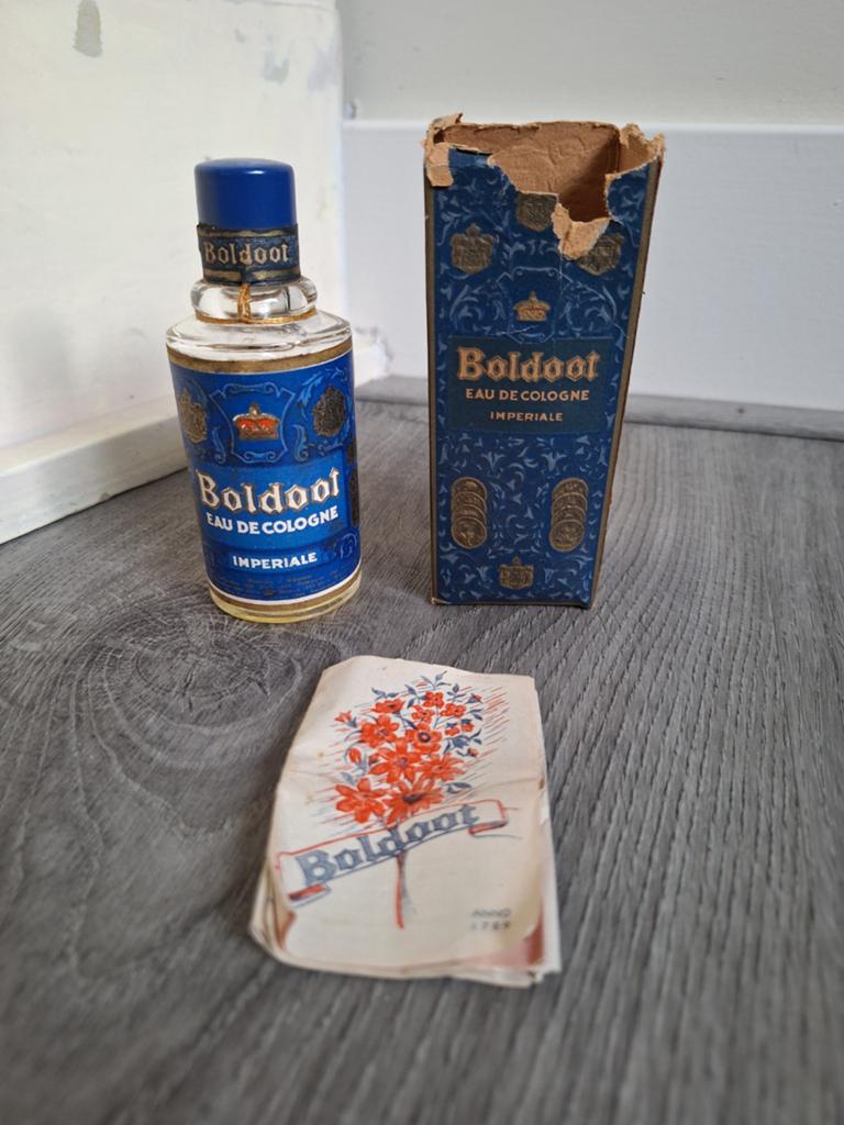 Oud boldoot flesje met blauwedop, en boekje.met reklame., Ophalen, Gebruikt